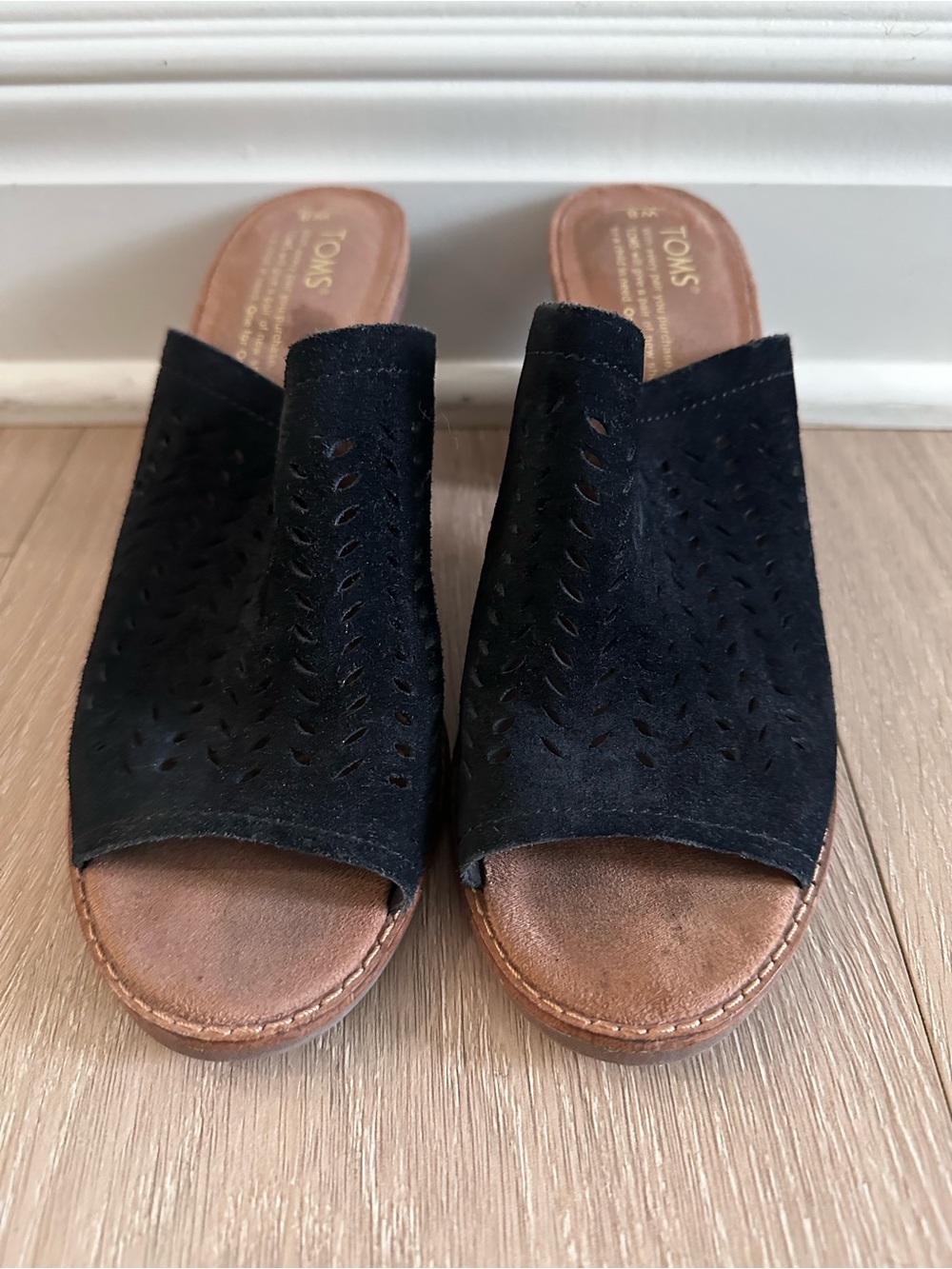 TOMS Black Suede Laser-Cut Slide Mules